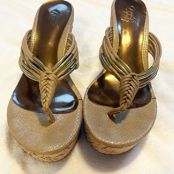 Carlos Santana Tasha Cork Wedge Platform Thong Leather Sandals Tan Gold Sz 10 - Picture 4 of 8
